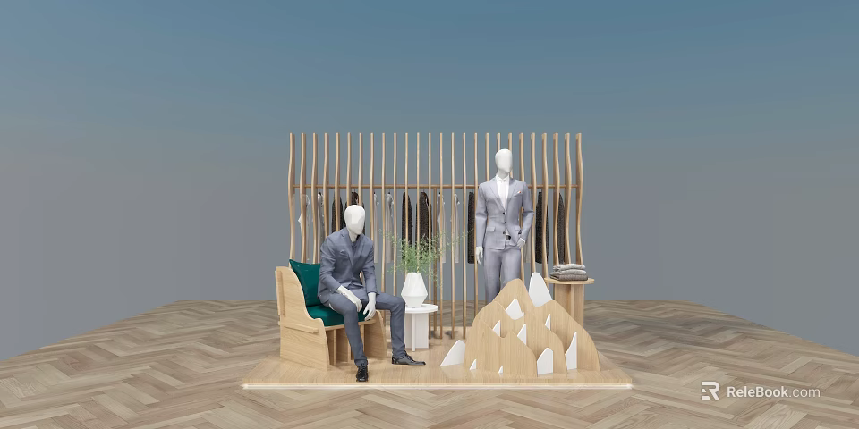 Modern Retail Store Display With Mannequins In Suits Wooden Partition And Potted Plant 3d model 