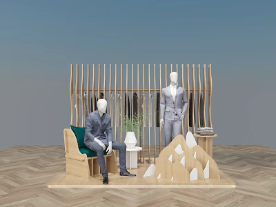 Modern Retail Store Display With Mannequins In Suits Wooden Partition And Potted Plant 3d model