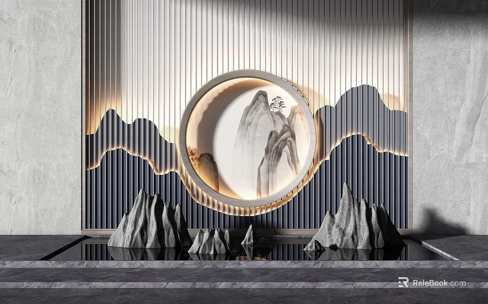 Modern Chinese Landscape Wall Featuring Circular Decor Mountain Painting Striped Design And Lighting 3d model 