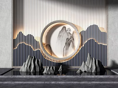 Modern Chinese Landscape Wall Featuring Circular Decor Mountain Painting Striped Design And Lighting 3d model