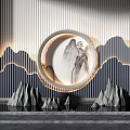 Modern Chinese Landscape Wall Featuring Circular Decor Mountain Painting Striped Design And Lighting