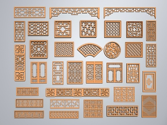 Chinese-style pane window grilles carved doors and windows 3d model