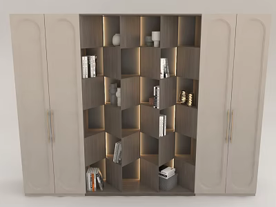 Modern Bookcase With Cabinet Doors Open Shelving Books Decorative Items And Built In Lighting 3d model