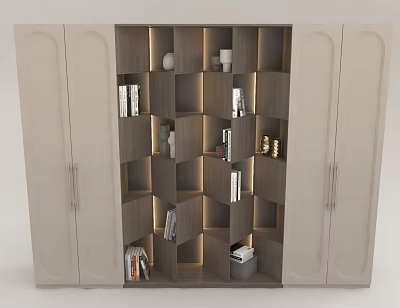 Modern Bookcase With Cabinet Doors Open Shelving Books Decorative Items And Built In Lighting 3d model