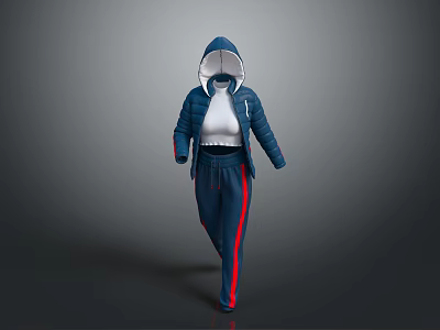 Casual Sportswear Set With Hooded Jacket White Inner Top And Blue Track Pants Red Stripes 3d model