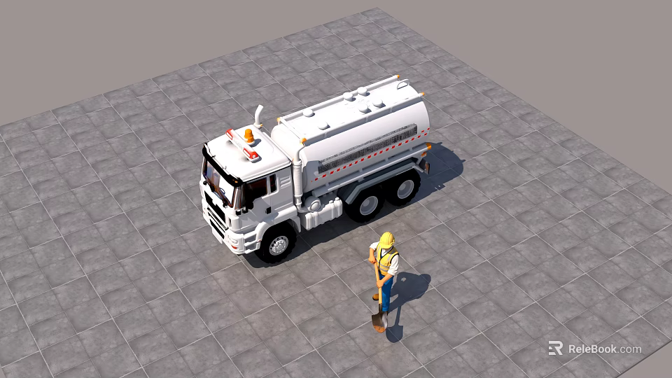 White Tanker Truck With Orange Warning Light And Worker In Yellow Hard Hat 3d model 