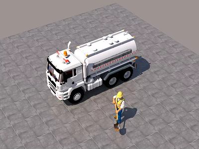 White Tanker Truck With Orange Warning Light And Worker In Yellow Hard Hat 3d model