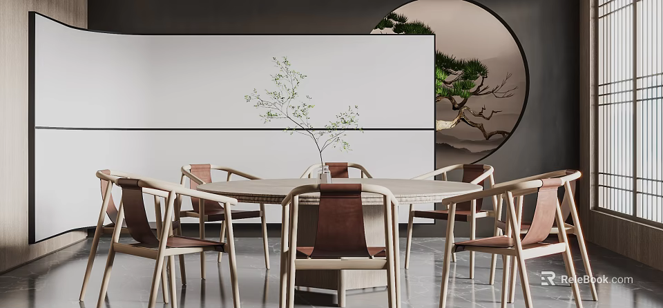 Private Dining Box Interior With Round Table Wooden Chairs And Circular Pine Decor 3d model