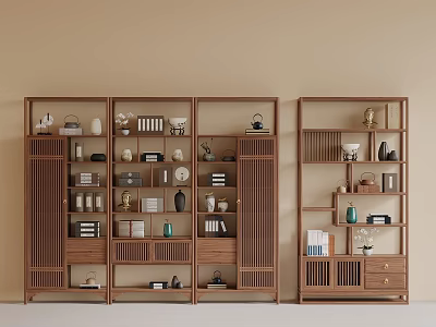 Wooden Chinese Style Display Shelf With Multi Tiered Design And Decorative Items Books 3d model