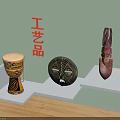Artisanal Decorative Ornaments Set With Drum Mask Sculpture On White Shelves And Wooden Tabletop