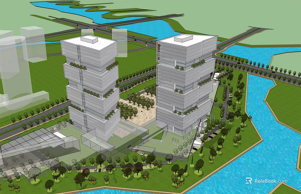 Modern Twin Office Towers With Riverfront Green Space And Landscaped Trees 3d model 