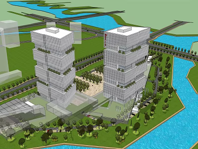 Modern Twin Office Towers With Riverfront Green Space And Landscaped Trees 3d model