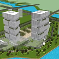 Modern Twin Office Towers With Riverfront Green Space And Landscaped Trees