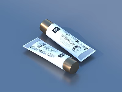 White And Gold Hand Cream Tubes Standing And Lying On Blue Background 3d model