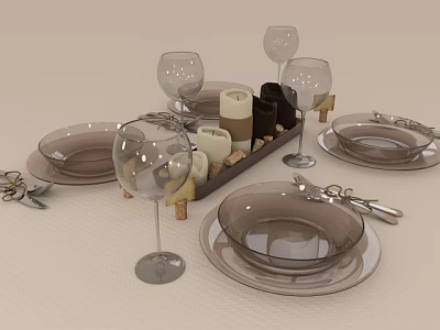 Elegant Dinnerware Set With Plates Wine Glasses Cutlery Corkscrew And Candle Holders 3d model