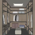 Modern Walk In Closet Interior Design With Hanging Clothes Folded Items Cabinets Drawers And Bench