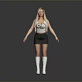 Blonde Woman in White Tank Top Black Skirt and White Socks Standing Against Gray Background