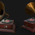 Vintage Daily Use Electrical Appliance Gramophone With Brass Horn Wooden Base And Vinyl Record