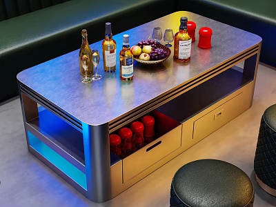 Modern Silver Coffee Table With Blue Lighting Wine Bottles Fruit Platter And Wine Glasses 3d model