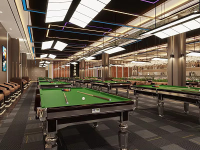 Modern Billiard Room Interior With Tables Lighting And Seating Areas 3d model