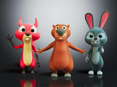 Cute 3D Cartoon Animal Characters Squirrel Beaver Rabbit With Friendly Expressions 3d model