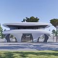 Modern Circular Architectural Building Design With Round Skylights Surrounded By Trees And Urban Backdrop