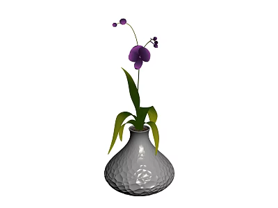 Gray Textured Ceramic Vase With Purple Flowers And Green Leaves Interior Decor 3d model