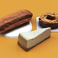 Delicious Chocolate Eclair Caramel Donut And New York Cheesecake Slice On Orange Background