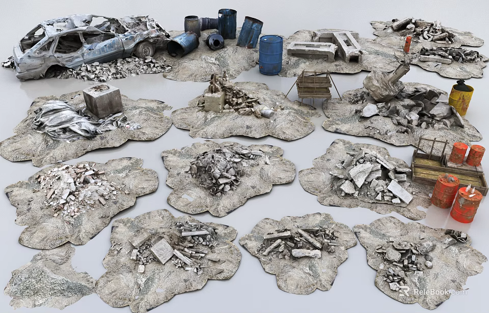 Diverse Urban Debris Collection Featuring Wrecked Vehicle Barrels Wooden Planks And Stones 3d model 
