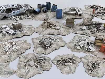 Diverse Urban Debris Collection Featuring Wrecked Vehicle Barrels Wooden Planks And Stones 3d model