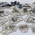 Diverse Urban Debris Collection Featuring Wrecked Vehicle Barrels Wooden Planks And Stones