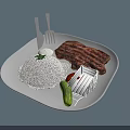 Grilled Steak With Steamed Rice Red Sauce And Cucumber On White Plate With Knife And Fork