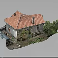 Small House Model With Red Roof White Walls And Surrounding Green Plants