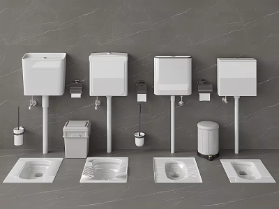 Public Restroom Facility Setup With White Squat Toilets Washbasins And Trash Bins On Gray Tiles 3d model