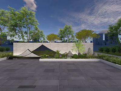 Modern Stone Feature Wall With Geometric Design And Green Plants Trees 3d model