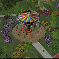 Colorful Swing Ride Amusement Equipment With Circular Platform And Hanging Seats In Lush Park Greenery