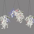 Colorful Hanging Flowers with White Pink Purple Blooms and Green Leaves against Gray Background
