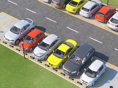Colorful Cars Parked In Organized Rows At Urban Parking Lot With Grass Area 3d model