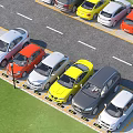 Colorful Cars Parked In Organized Rows At Urban Parking Lot With Grass Area