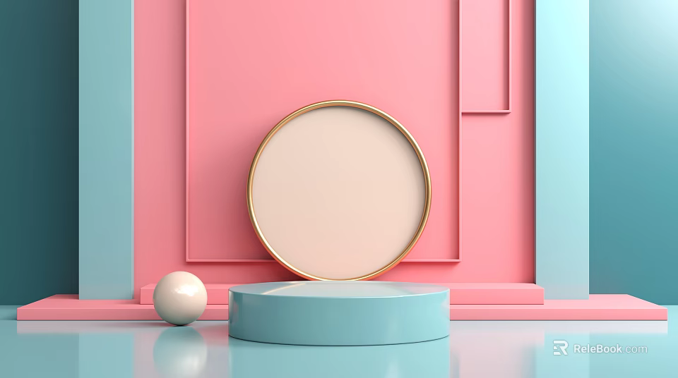 Modern Display Shelf With Round Golden Frame On Pastel Pink Blue Background 3d model