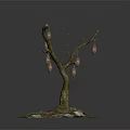 Tree branches decorated with yellow lantern-like objects green grass under stones and glowing small lights