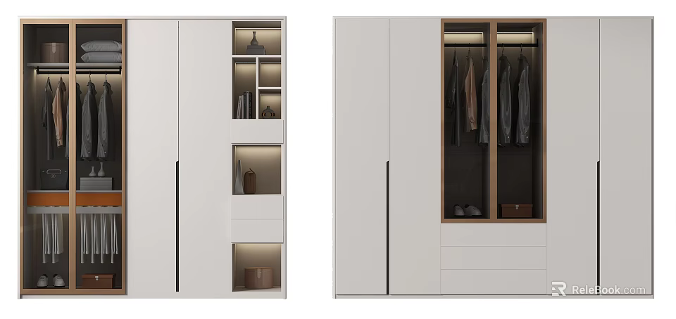 Modern Wardrobe Interior Design With Open Shelves Glass Doors Hanging Clothes And Drawers 3d model 