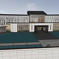 Modern Building Entrance With Wooden Canopy Stone Floor Water Pool And Glass Facade