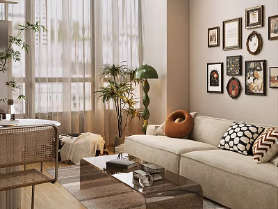 Beige Two-Seater Sofa Living Room Interior with Framed Paintings Green Plants Floor Lamp and Pillows 3d model