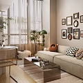 Beige Two-Seater Sofa Living Room Interior with Framed Paintings Green Plants Floor Lamp and Pillows