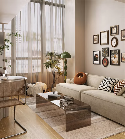 Beige Two-Seater Sofa Living Room Interior with Framed Paintings Green Plants Floor Lamp and Pillows 3d model