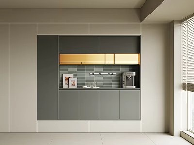 Modern Sideboard With Gray Cabinets Gold Accent Wall Tiles And Coffee Machine 3d model