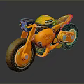 Orange and Yellow Futuristic Motorcycle Featuring Blue Headlight Red Seat and Stylish Mechanical Wheels