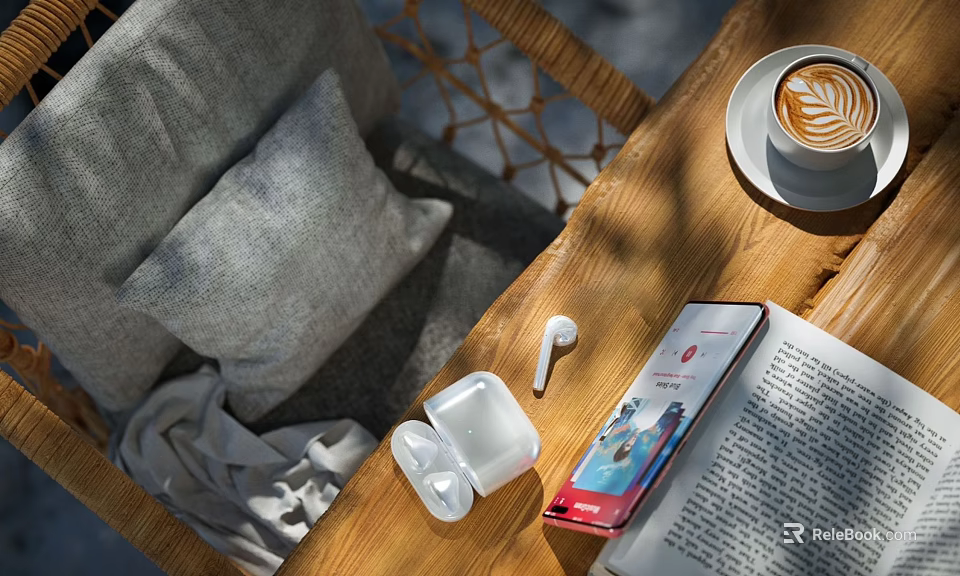 Open Book On Wooden Table With Latte Art Coffee Smartphone Wireless Earbuds And Gray Pillow 3d model 