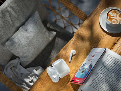 Open Book On Wooden Table With Latte Art Coffee Smartphone Wireless Earbuds And Gray Pillow 3d model